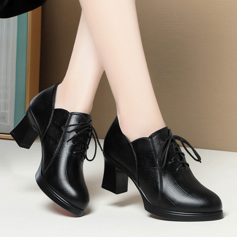 Кожаные туфли на шнуровке, женские туфли на массивном каблуке, новинка 2024 года, весенние туфли на высоком каблуке, женская обувь из мягкой кожи, непромокаемая Однослойная обувь на платформе с острым носком и глубоким ртом