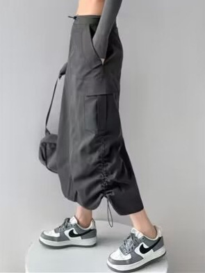 American-style black drawstring work pants for women, suitable for spring and summer, high-waisted, slimming A-line work-style straight long skirt