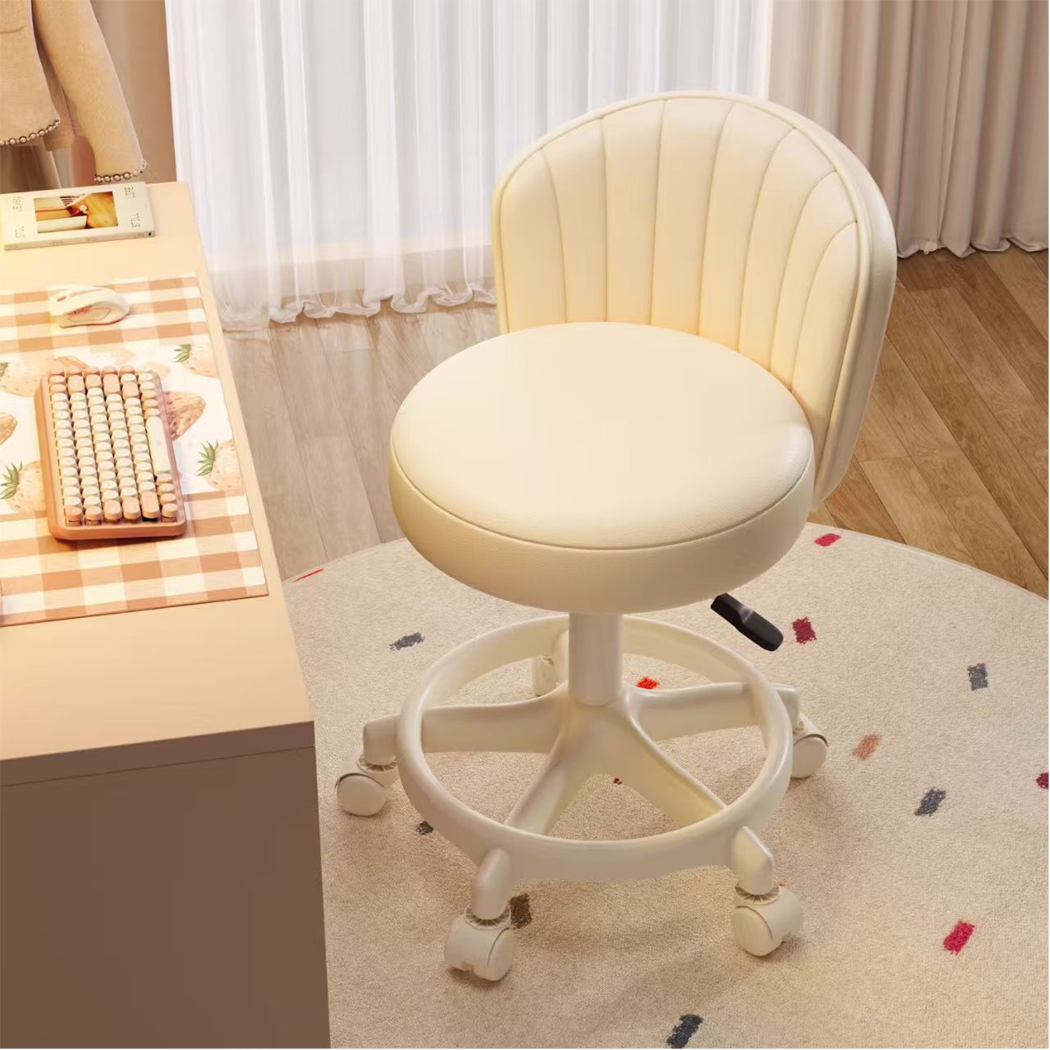 Bedroom Home-Use Study Makeup Chair with Backrest, Dressing Computer Chair, Girls' Bedroom Manicure Stool with Wheels
