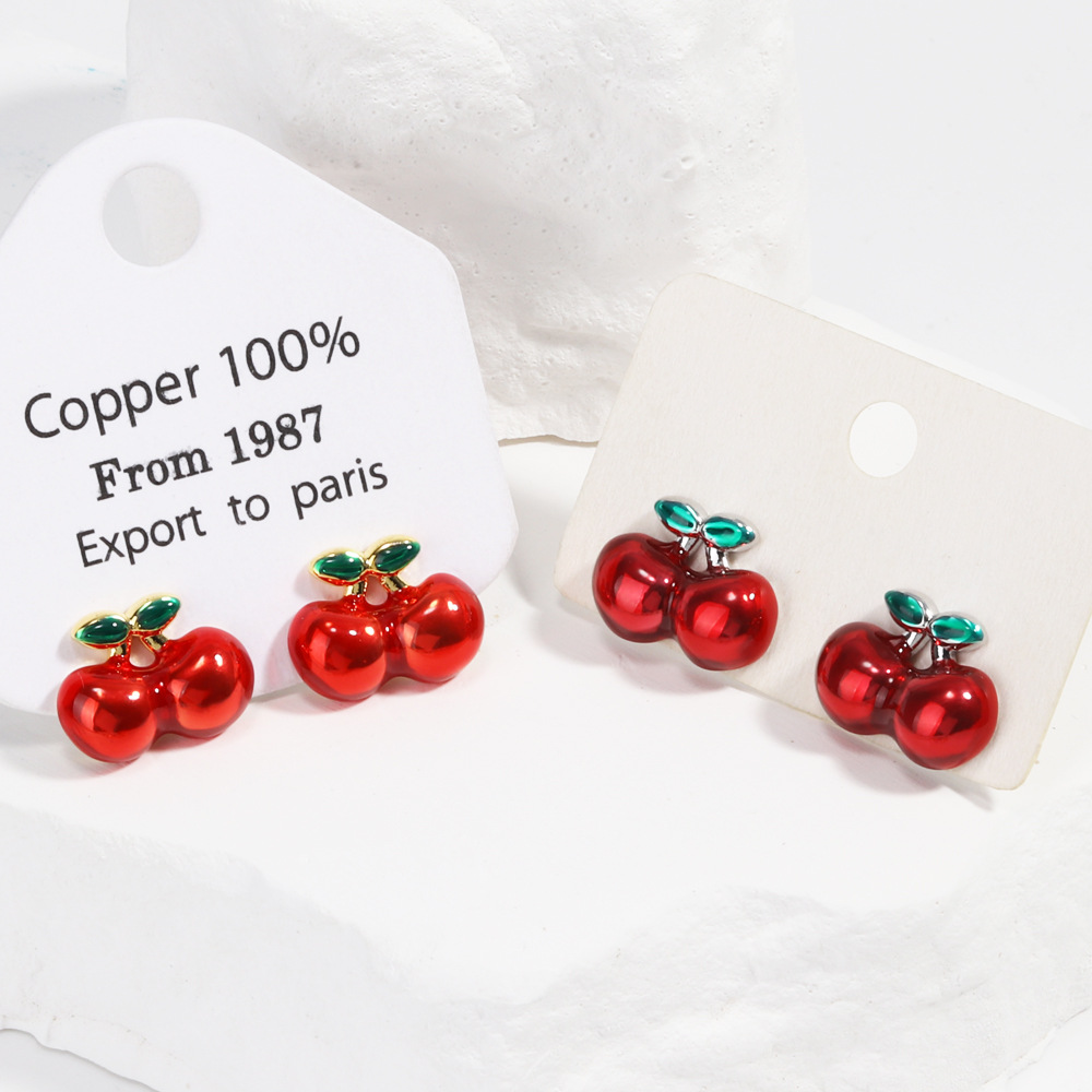 8g Weight Copper Ear Needle Material Ear Studs Classification 1 Pair Quantity Holiday, Daily Occasion Copper Material Cherry, Apple, Strawberry Pattern All Seasons Season Women's Gender Enamel Design Cute Style 1 Pair Cute Cherry Apple Strawberry Enamel Copper Ear Studs 12