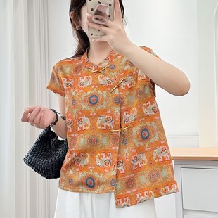 Summer New Style Small Stand-Up Collar Chinese Style Cheongsam Short-Sleeved Tops New Chinese Style Retro Breathable Printed T-Shirts High Quality