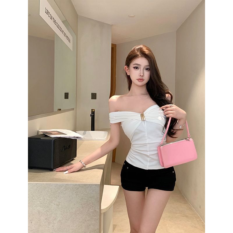 Korean Style New Style off-shoulder Top Women's Summer Design Sense Slim-fit Slimming Elegant Sexy Spice Girls Pure Shoulder T-Shirt