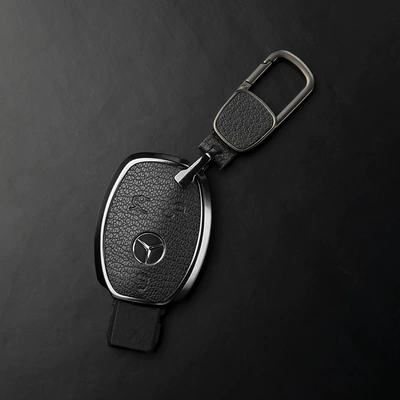 Made of Genuine Leather, High-End Shell — Car key bag - mercedes-benz-c-class-3-button-key-fob-case-deep-black-square-buckle