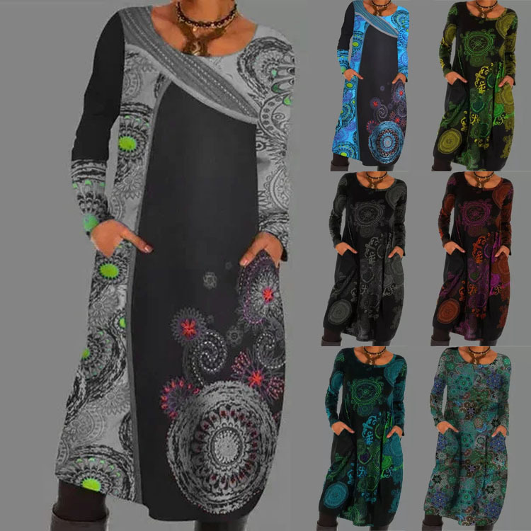 European and American Cross-Border Independent Station Wish Hot Sale 2021 Autumn and Winter Pullover Printed Ethnic Style Dress Long Skirt