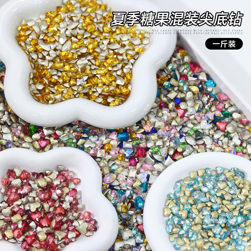 The whole batch of nail drills by the weight of candy soda color pointed bottom drill through white crystal sugar special-shaped drill nail jewelry mixed