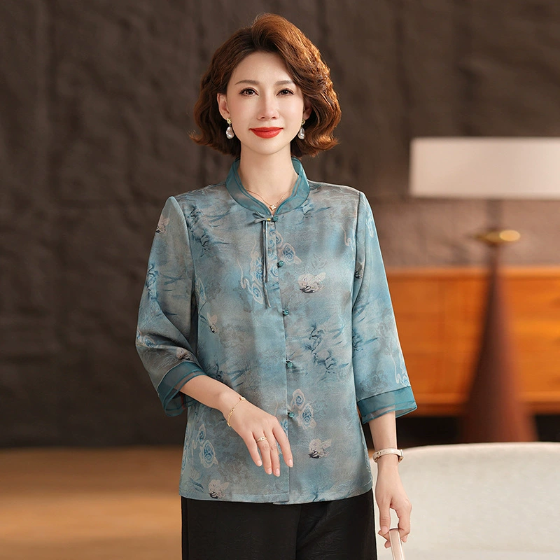Мама Летнее платье День Матери Новый стиль рубашка среднего и пожилого возраста с семью рукавами топ женский летний новый китайский стиль рубашка