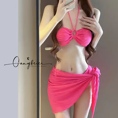 比基尼泳衣女三件套海邊度假三角性感高級感顯白玫紅泡溫泉泳衣女