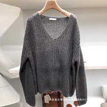 灰色马海毛毛衣女春秋v领宽松女士港味羊毛针织衫港味慵懒风