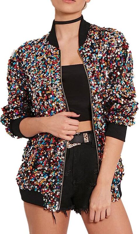 Women's Halloween Party Party Sequins Flash Long Sleeve Zipper Bomber Jacket cosplay Performance Costume