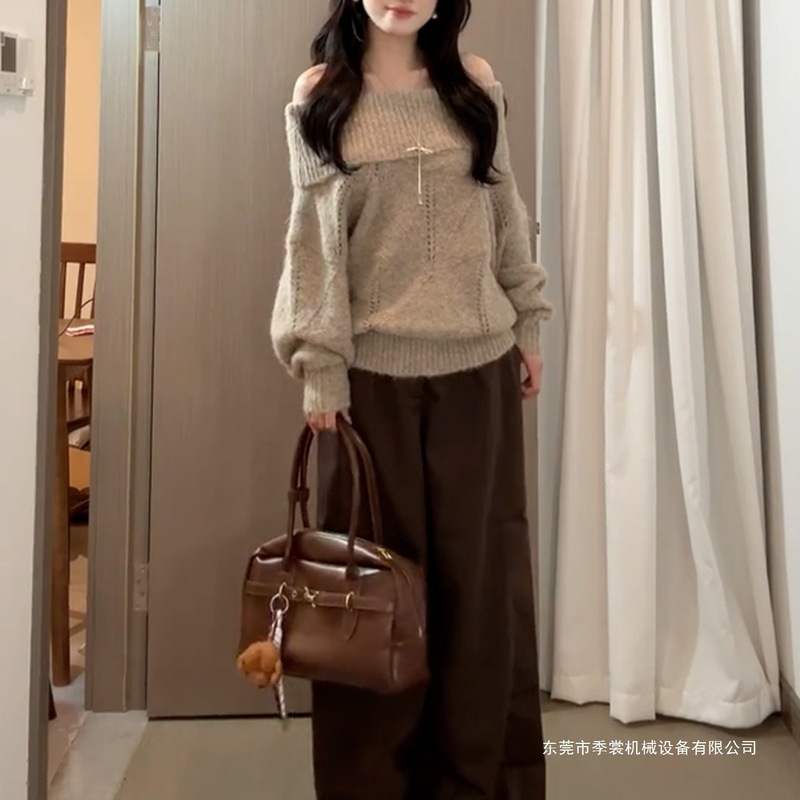 一字肩针织毛衣女秋冬2025年早秋季慵懒风感收腰显瘦内搭上衣|undefined
