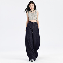 秋冬深蓝色美式阔腿牛仔裤女高腰显瘦小个子直筒裤图片色九分氨纶