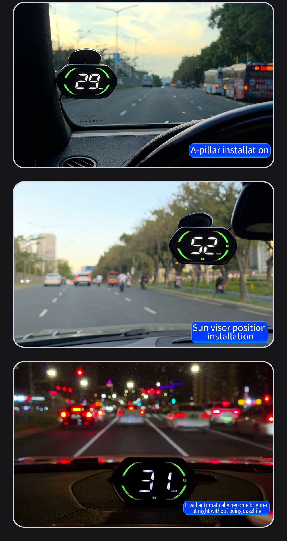 GPS car HUD head-up display with speed and over-speed warning, switchable between metric and imperial units, universal for all vehicles, G22