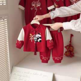 宝宝周岁礼服套装春秋季婴幼儿红色喜庆过年衣服抓周生日两件套