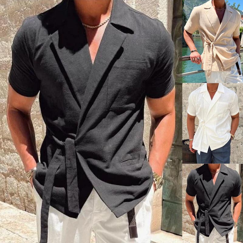 2026 Summer European and American Amazon Independent Platform Men's Solid Color Linen Suit Collar Tie Short Sleeve Shirt Jacket 2026 Summer European and American Amazon Independent Platform Men's Solid Color Linen Suit Collar Tie Short Sleeve Shirt Jacket