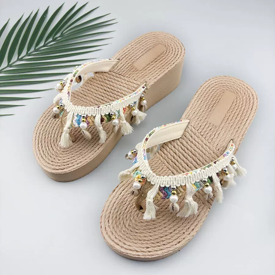 云南度假厚底人字拖手工编织民族风凉拖鞋女夏西双版纳旅游外穿