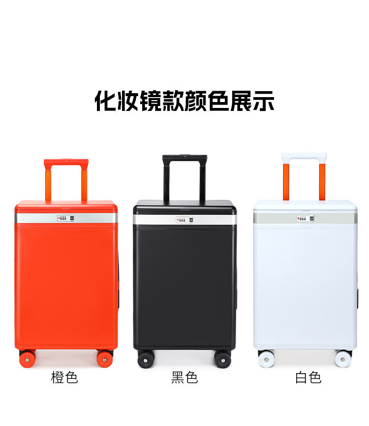 Vali kéo trang điểm có gương tích hợp đèn led, mở nắp bên hông, ngăn sâu lớn — Đêm cực đen + tay cầm đen + bánh xe đen chi tiết 24