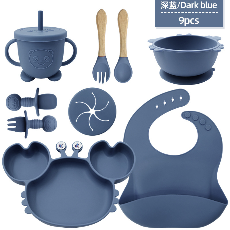 cubiertos de silicona para niños, platos de alimentación para bebés, cucharas de cangrejo, cuchillas de tenedor, bacon de nueve piezas, cubiertos de dibujos animados para bebés