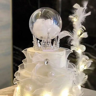 母親節水晶皇冠銀色生日蛋糕擺件氣質女王透明球紗圍邊羽毛裝飾