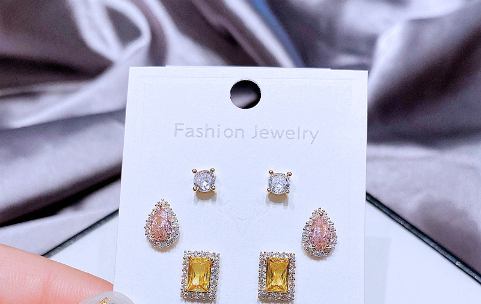 Korean Earrings Set Exquisite Color Water Drop Geometric Zircon Earrings Combination display picture 12