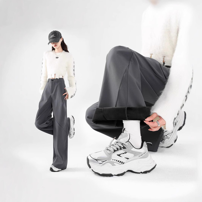 580g Thickeneded Velvet Cargo Pants Women's Autumn and Winter New Casual Pants High Waist Design Spliced Straight Sports Pants