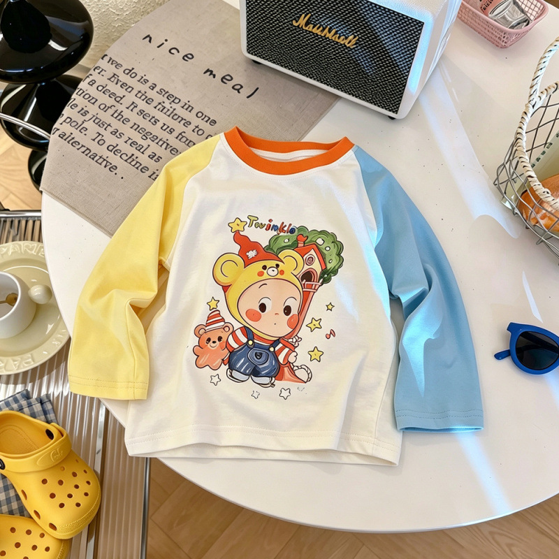 Color-blocked cartoon star and bear print children's long-sleeved T-shirt, autumn Korean style, fashionable and versatile round neck color-blocked top