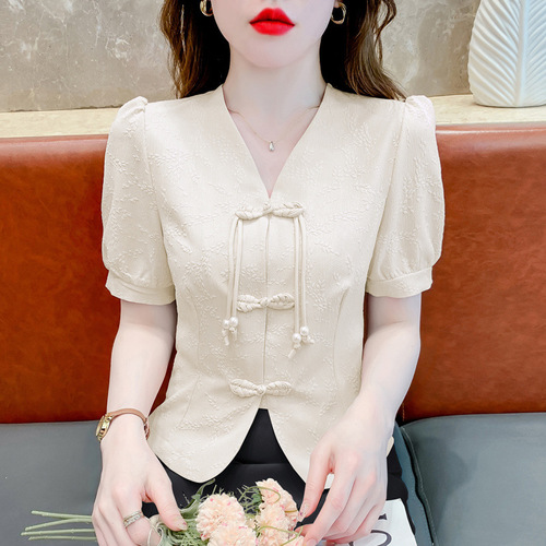 Pankou V-neck women's short-sleeve summer 2025 new arrival Chinese-style national wind small top with unique bubble sleeves