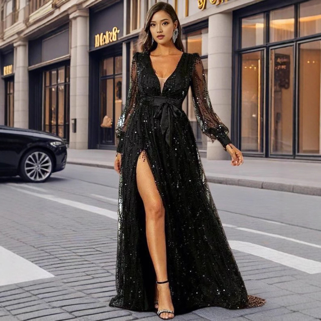 2025 Automne européen et américain des femmes transfrontalières nouvelle maille sequin grande balançoire banquet événement robe de soirée robe jupe longue