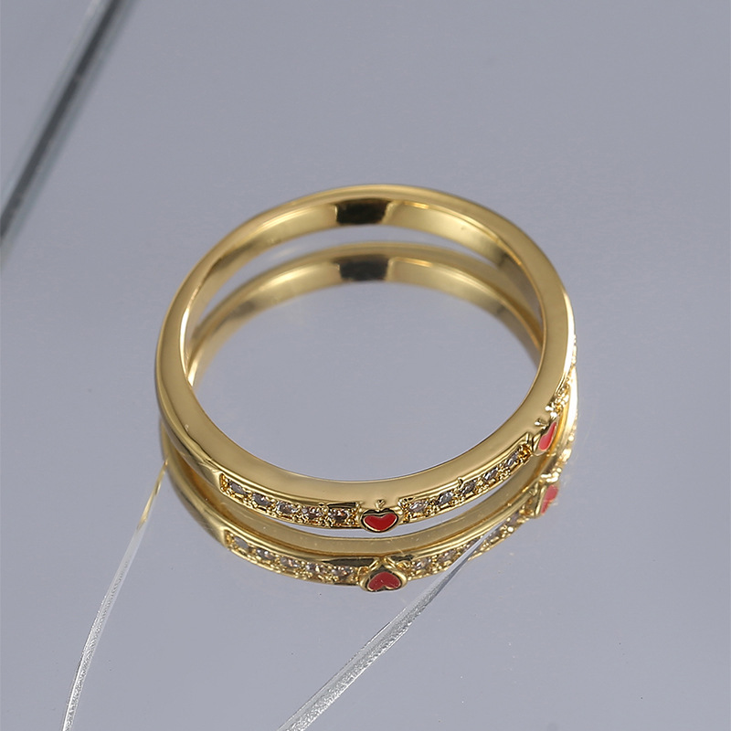 Holiday, Street Occasion Copper Material Sweet Heart Shape Copper Plating Inlay Zircon Gold Plated Rings