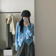 韩版手工钩花花朵针织开衫女秋冬新款宽松毛衣外套短款百搭上衣潮