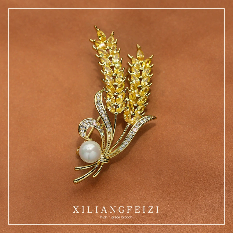 西凉妃子 Classic golden fashionable brooch, zirconium from pearl lapel pin, high-end accessory, pin