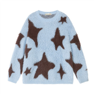 Personalized and Interesting Star Jacquard Knitwear Men's Autum Loose American Street Trend ins Round Neck Lazy Style Knitwear