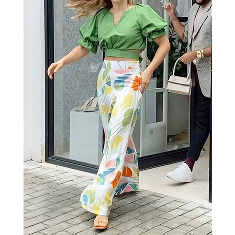 European And American Women's Clothing Cross-border New Casual Suit V-neck Short-sleeved Shirt High-waist Printing Wide-leg Trousers Two-piece Set