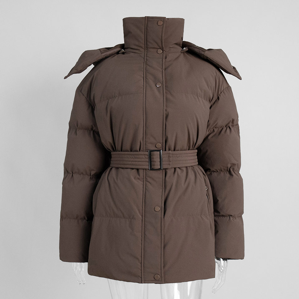 Áo khoác bông nữ có mũ, khóa kéo, thắt eo dáng ôm, dài trung bình, chất liệu polyester dày — màu nâu, màu đen, quả mơ chi tiết 8