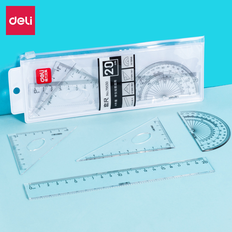 Sturdy Student Set of 4 - Ruler, Triangular Ruler, Protractor, and Compass Set for Elementary Students and Children, 15cm, Wholesale