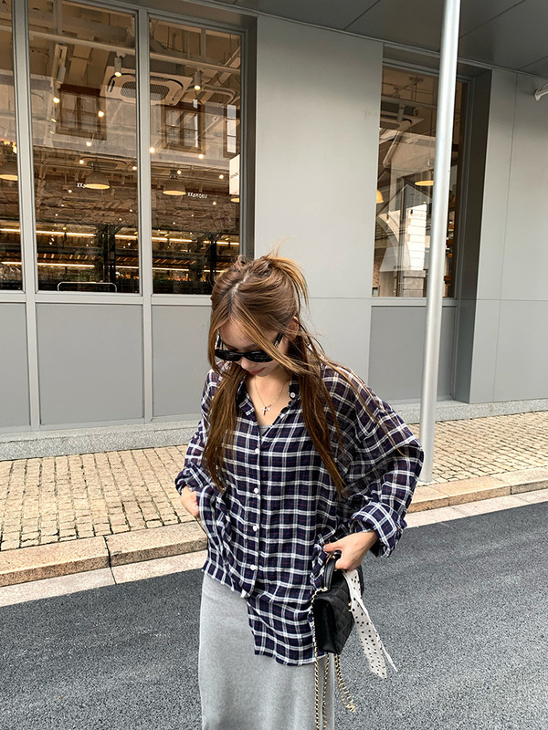 慵懒风套装复古格子长袖衬衫女2025秋季新款高腰垂感半身裙两件套|undefined