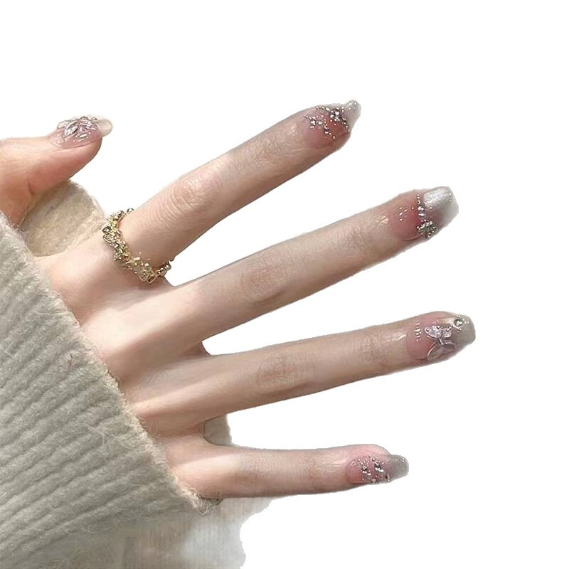 Espejo flor agua luna corta armadura francesa terminada rubor pegado a mano diamante puro uñas de uñas estilo corto desmontable