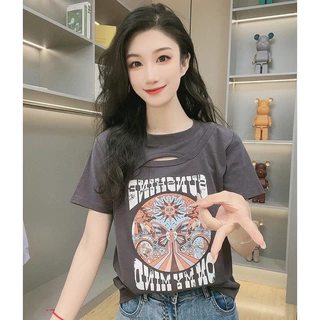 美式正肩短袖T恤女夏季新款设计感小众宽松镂空显瘦纯棉体桖上衣