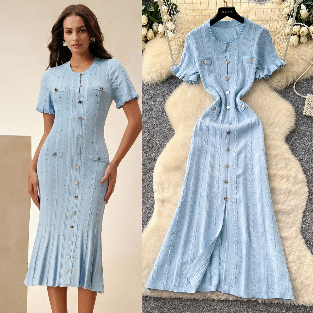 Women's Clothing Elegant Knit Tweed Dress With Front Buttons And Short Sleeves For Women_ecoleips.com