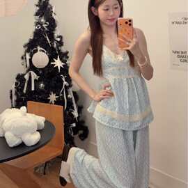 韩系 ins 风蓝调碎花吊带睡衣女 蕾丝花边带胸垫两件套家居服