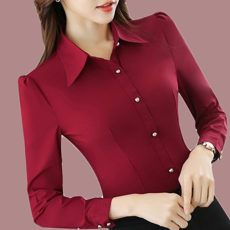 Red Black Shirt Women's Long-Sleeved Pure Color Korean Style Business Attire Formal Slim Fit Work Clothes Top Bottoming Shirt