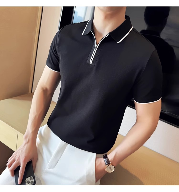 "Men's Slim-Fit Zip Polo Shirt – Breathable Cotton Short Sleeve With Embroidered Detail, Business Casual Summer Top (3 Colors, Sizes M-XXXXL)"_viptrois.com