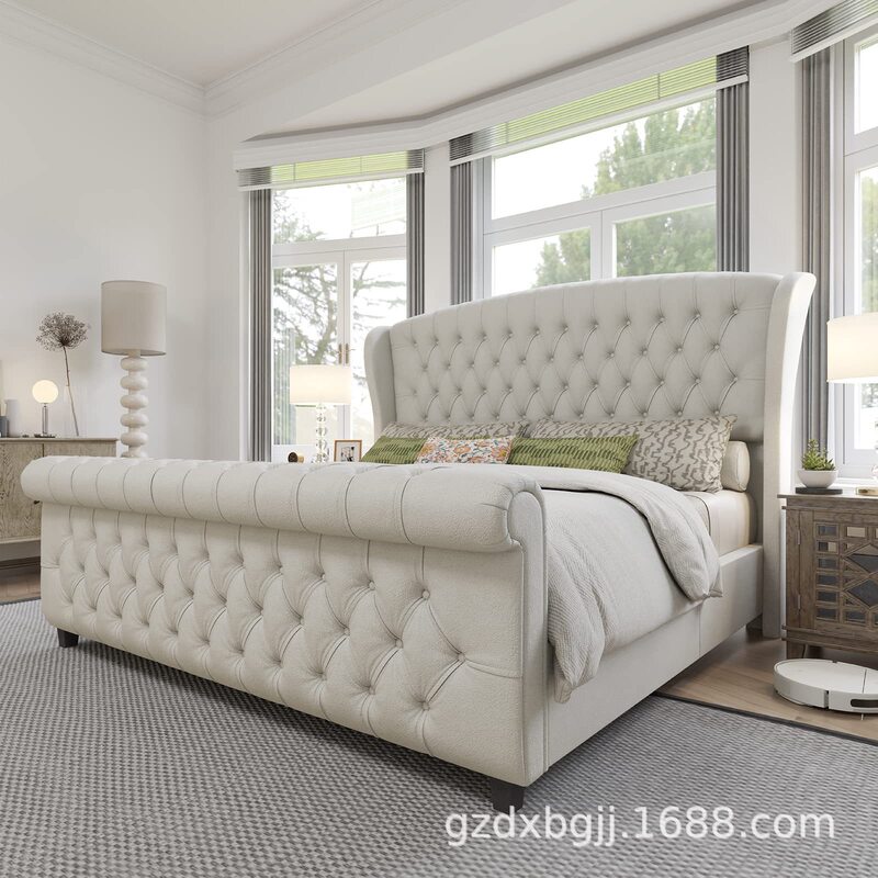 Cross-Border Extra Large Platform Bed Frame Chenille Upholstered Sleigh Bed with Bedside and End Board Double Bed Fabric Bed Cross-Border Extra Large Platform Bed Frame Chenille Upholstered Sleigh Bed with Bedside and End Board Double Bed Fabric Bed
