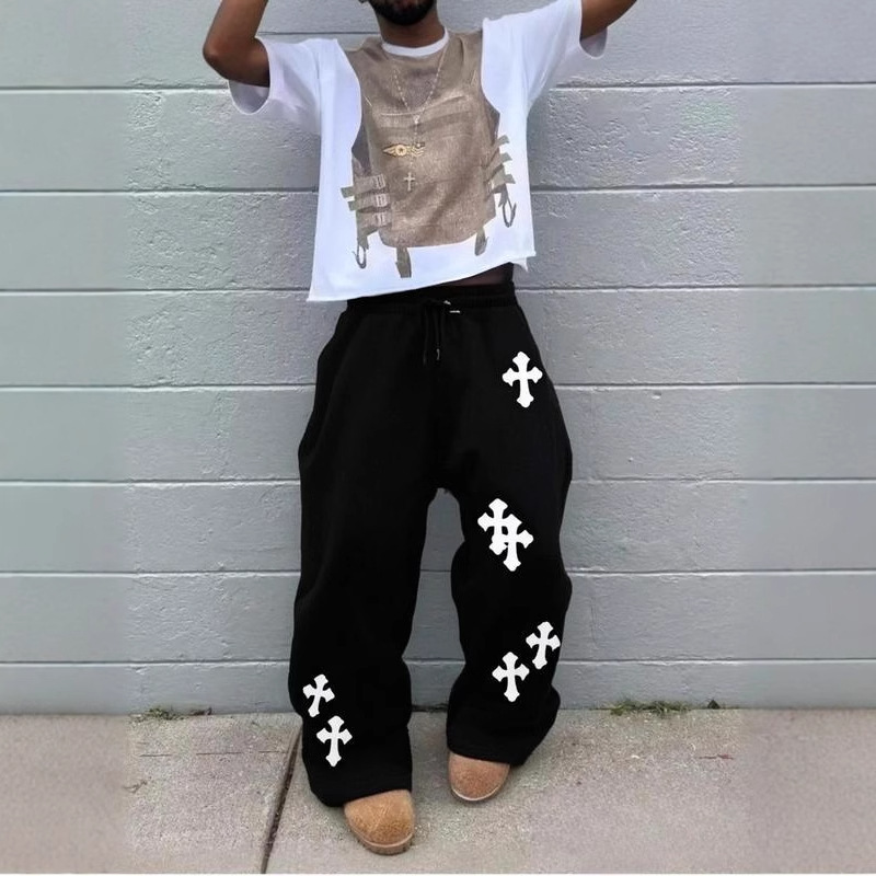 Calle transfronteriza europea y americana, tendencia retro americana, pantalones rectos sueltos, pantalones negros con estampado cruzado casual, hombres