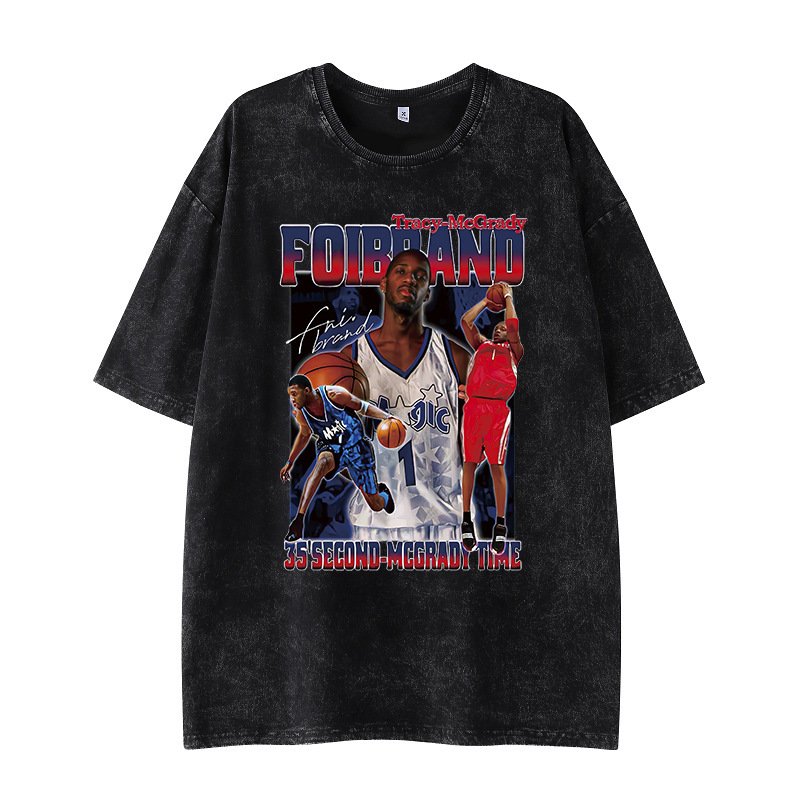 Tracy McGrady American-style Retro Washed Print Short-sleeve Loose Casual Spring and Summer High Street Tide Star Men's and Women's T-shirt