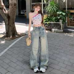 批发美式复古高腰宽松阔腿裤重水洗抓痕破洞垂感牛仔裤子女
