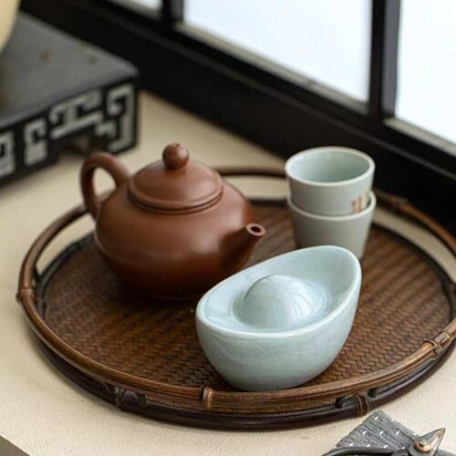 Ru Kiln Crackle Yuanbao Shelf Decor Tabletop Vintage Tea Set Ceramic Ornament Tea Pet Tea Ceremony Tea Play Azure Blue Tea Shelf Decor