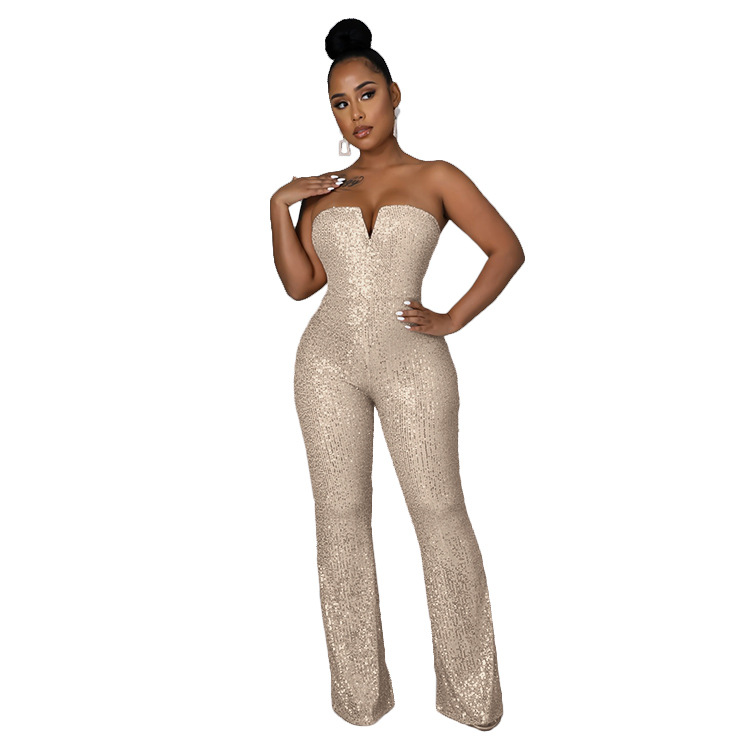 Tube Top V-Neck Wide-Leg Sequins Jumpsuit NSCYF98365