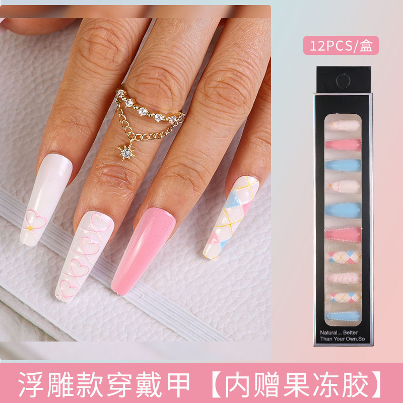 Uñas largas desmontables parches de uñas falsas comercio exterior productos terminados de manicure de novia en relieve parches de uñas