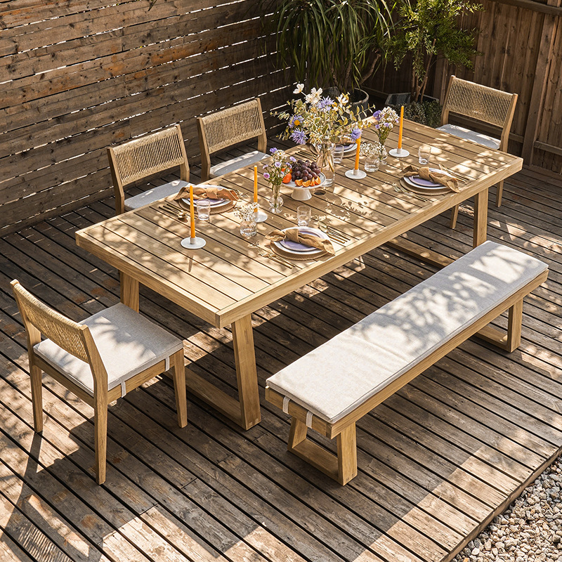 Mesa y silla de madera maciza al aire libre patio balcón al aire libre impermeable protección solar ocio muebles de jardín al aire libre cuerda trenzada mesa y silla combinación