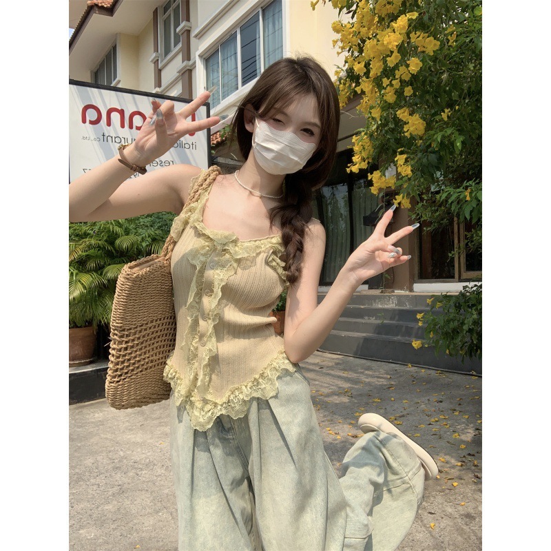 夏季新款设计感蕾丝拼接无袖背心吊带女夏季纯欲修身显瘦百搭短款|undefined
